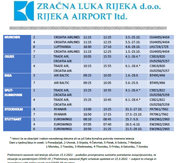 Preliminary seasonal flight schedule 2022